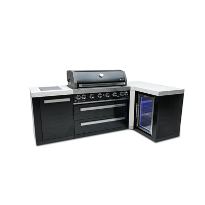 Îlot de cuisine d'extérieur en forme de L en acier inoxydable noir L 94 po x P 50 po x H 46 po Mont Monti avec barbecue et barbecue à 6 brûleurs l 44 po + brûleur latéral + comptoirs en granite + armoires de rangement + couvercle + convertible au gaz naturel + Garantie à vie