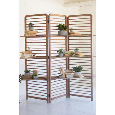 77.5"FOLDING WOODEN SCREEN WITH THREE SHELVES