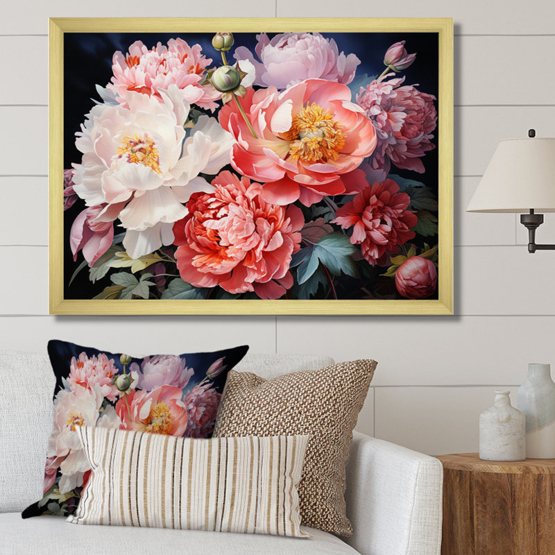 China Peony Bouquet On Canvas Print, 16" H x 32" W x 1" D, Gold Picture Frame