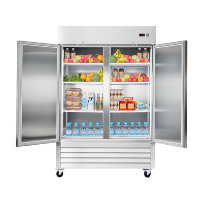 Commercial Refrigerator, 32.2 in Width Reach In Upright Refrigeration Double Door, 43.2 Cu.ft Auto-Defrost Stainless Steel Refrigerator with 8 Adjustable Shelves, 32 to 50℉ Temp Range, 4 Wheels