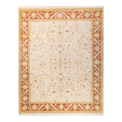 Tapis ivoire noué à la main de conception unique 8 pi 1 po x 10 pi 2 po Victorianna Mogul