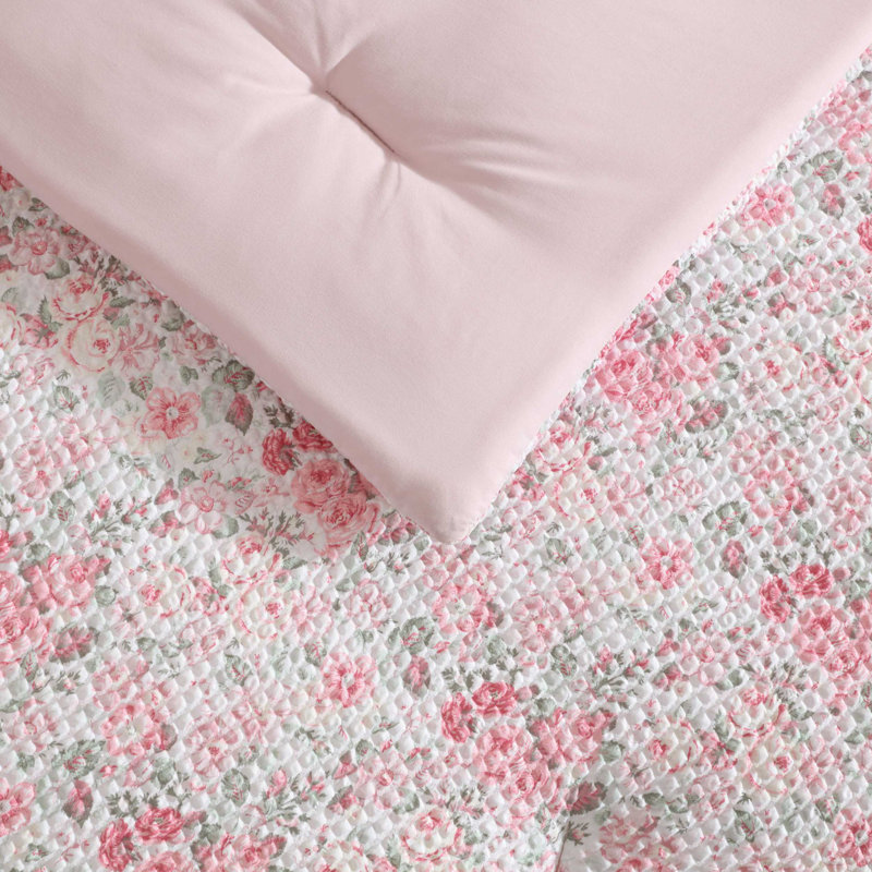 Twin Pink Microfiber Reversible Floral Bed in a Bag Set