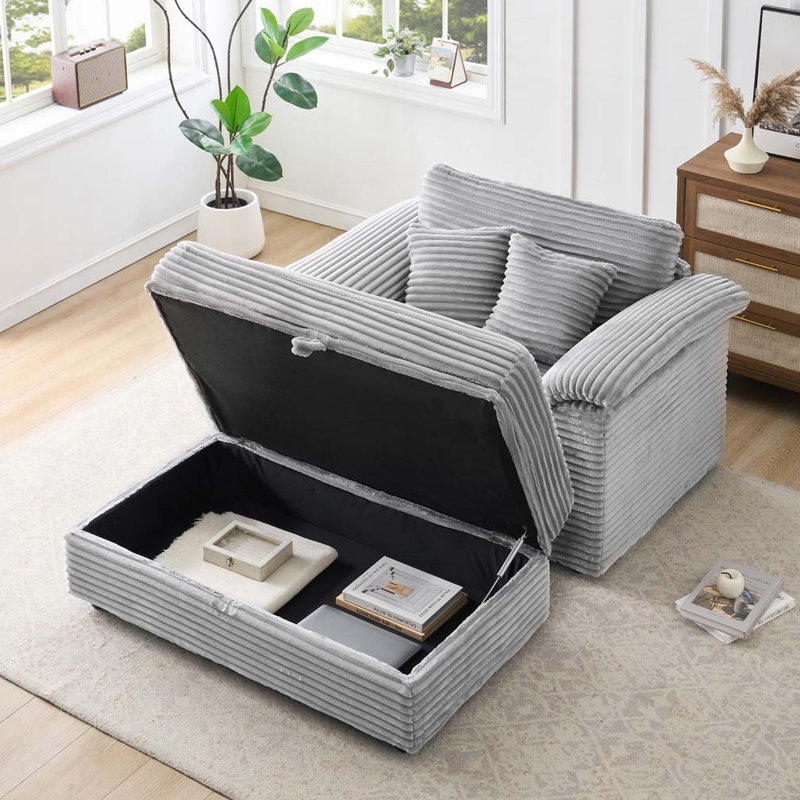 Fauteuil d'appoint en velours côtelé avec tabouret de rangement, Gris