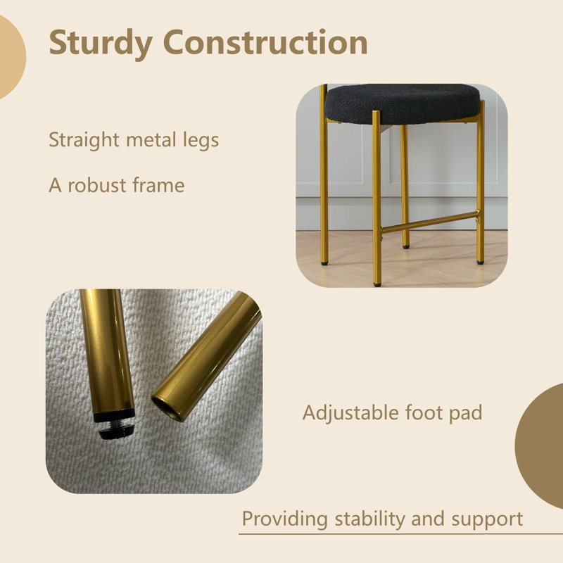 Luxurious Black Bouclé Upholstered Gold Metal Counter Stools, Set of 2