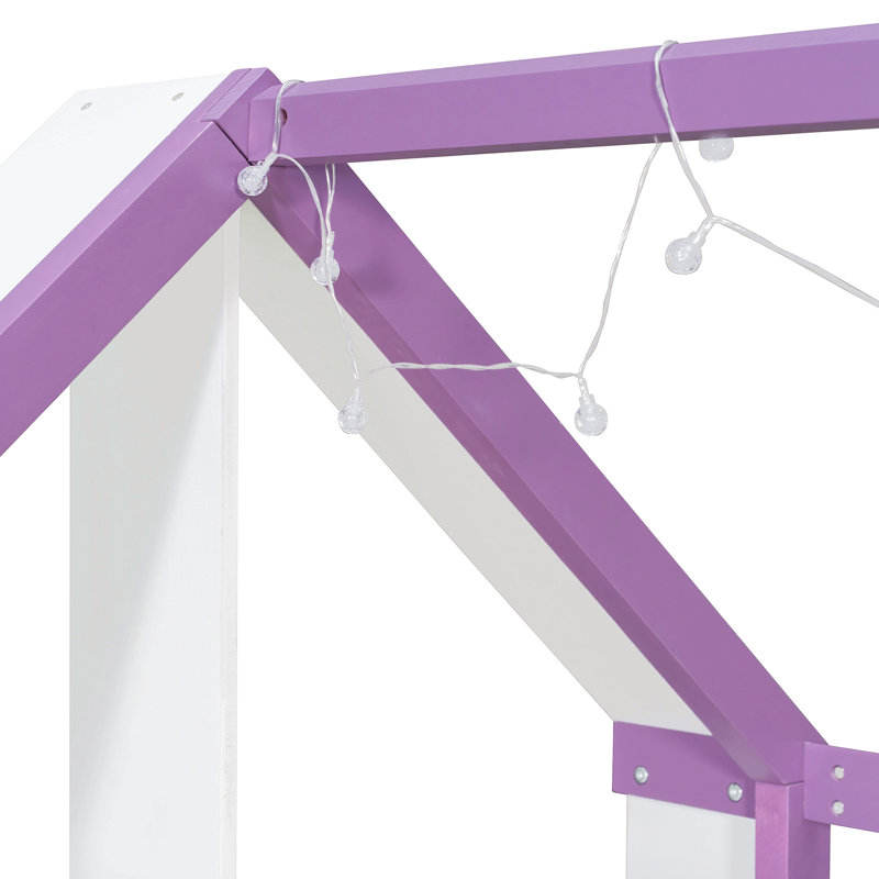 Cadre de lit cabane pour une personne avec lit gigogne, étagères de rangement à l'arrière et éclairage DEL, Twin, Mauve