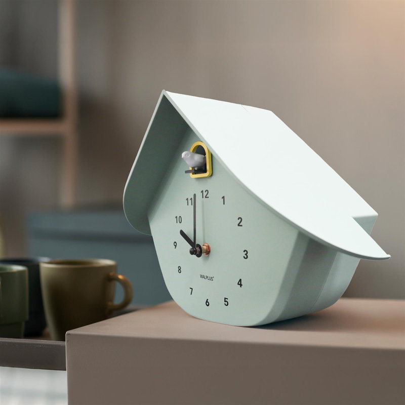 Modern Cuckoo Wall Clock with Accents – Minimalist Decorative Birdhouse Design, Battery Operated, 32.5cm, Green