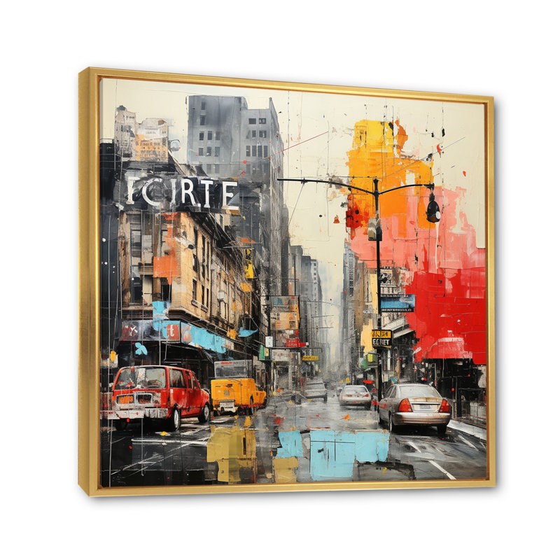 Collage urbain II sur toile, Cadre flottant doré, H 16 po x l 16 po x P 1 po