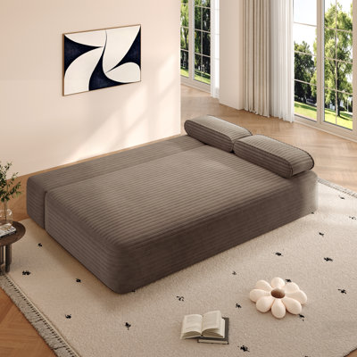 Canapé-lit convertible sans cadre avec 3 coussins, tissu velours côtelé moelleux, 3 places multifonctionnelles pour les petits espaces