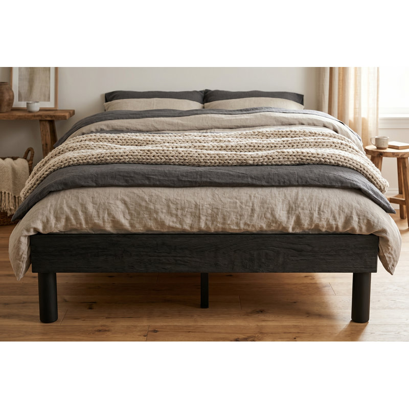 Cadre de lit plateforme Queen Size noir, 100 % polywood avec support à lattes en bois robuste, aucun sommier requis