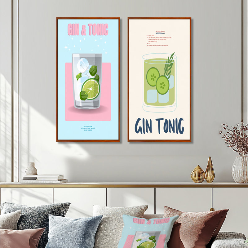 Ensemble de 2 pièces d'art mural gin et tonique dans un verre à whisky, H 40 po x l 40 po, Impression encadrée, Brun