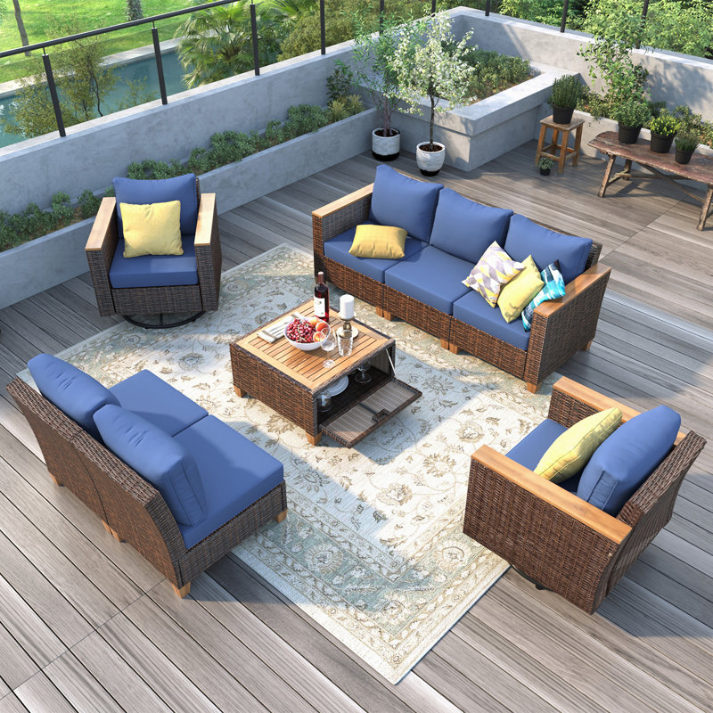 Ensemble 8 pièces de mobilier d'extérieur en osier avec coussin épais, Bleu, Brun