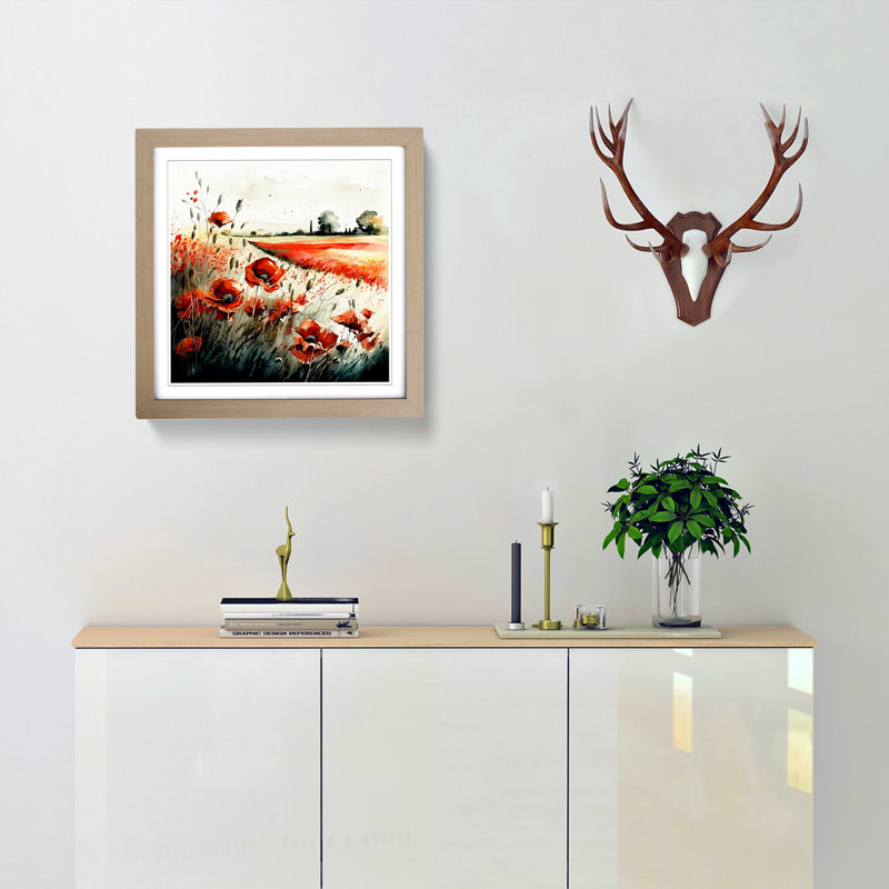 Poppy Field Watercolour - Framed Print, Oak