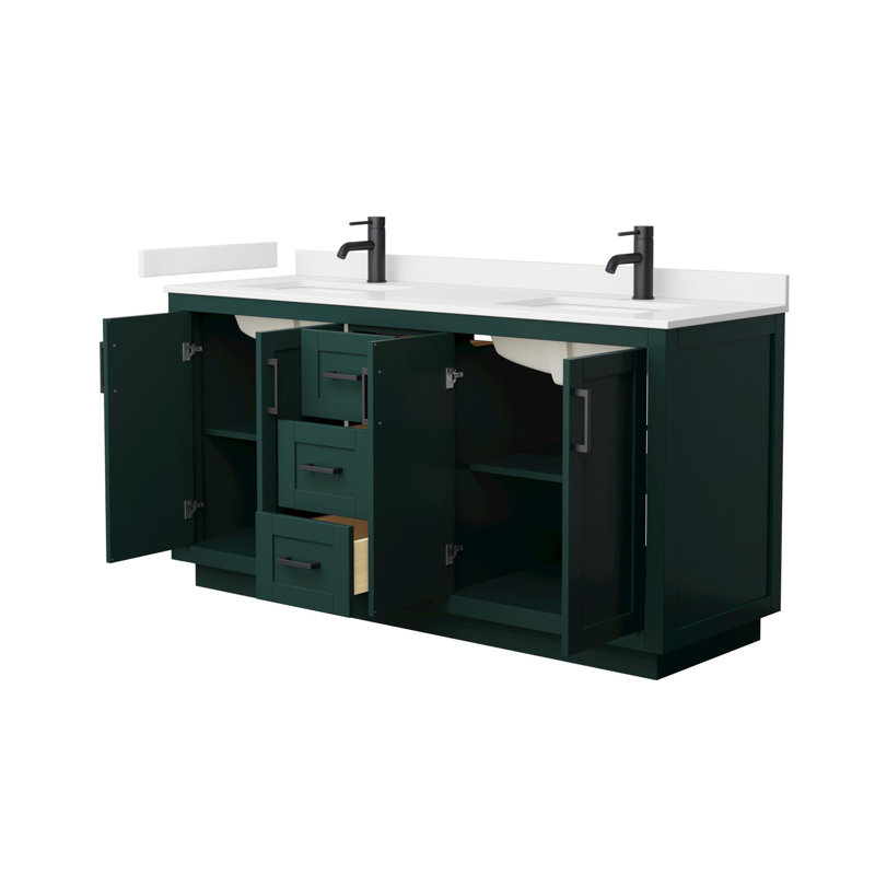 Miranda 66" Freestanding Double Bathroom Vanity with Quartz Top, White Quartz, Green, Matte Black