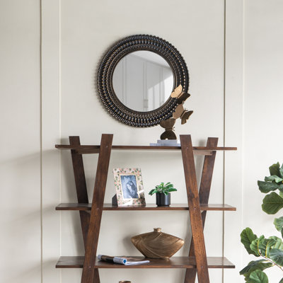 Miroir d'appoint rond en bois avec texture tissée