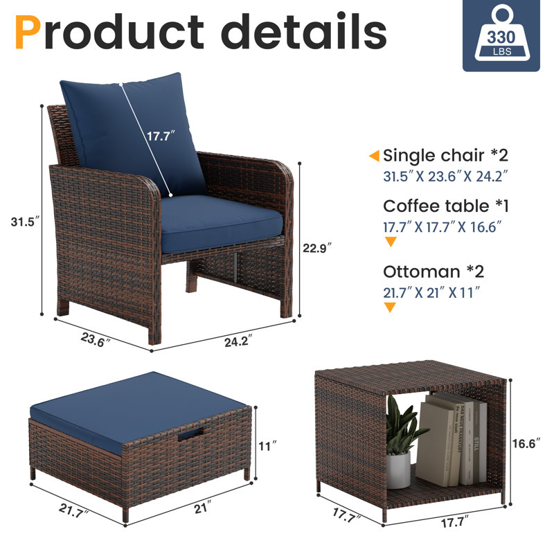 Ensemble de conversation pour terrasse en osier / rotin pour 2 personnes avec repose-pieds Billmont