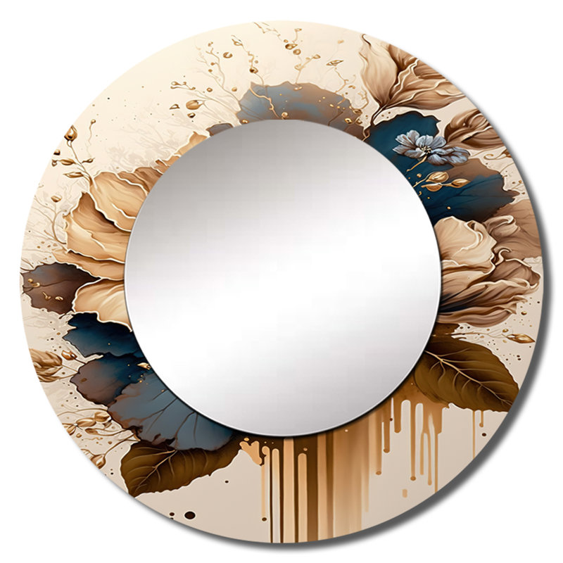 Obiora Brown And Blue Hibiscus Bouquet III - Hibiscus Mirror, Brown Round Decorative Wall Mirror, Printed Metal Art