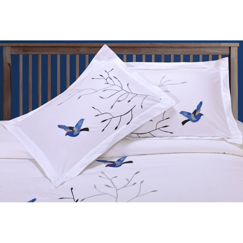 Housse de couette brodée 100% coton avec 2 taies décoratives Superior Swallow, Bleu