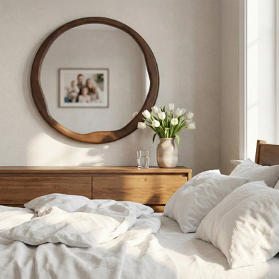 Miroir mural rond en bois massif