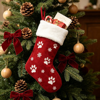 Chaussette de Noël brodée de 45 cm (17,72 pouces), motif empreintes de pattes et flocons de neige, avec revers en fausse fourrure, pour décorer le foyer et la maison à Noël.
