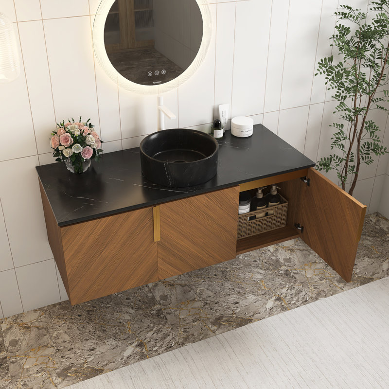 Meuble-lavabo de 48 po en contreplaqué 48 po, armoire de rangement murale avec 3 portes, comptoir en pierre frittée noire et lavabo rond en céramique noire avec motif de pierre, couleur grain de bois de chêne brun