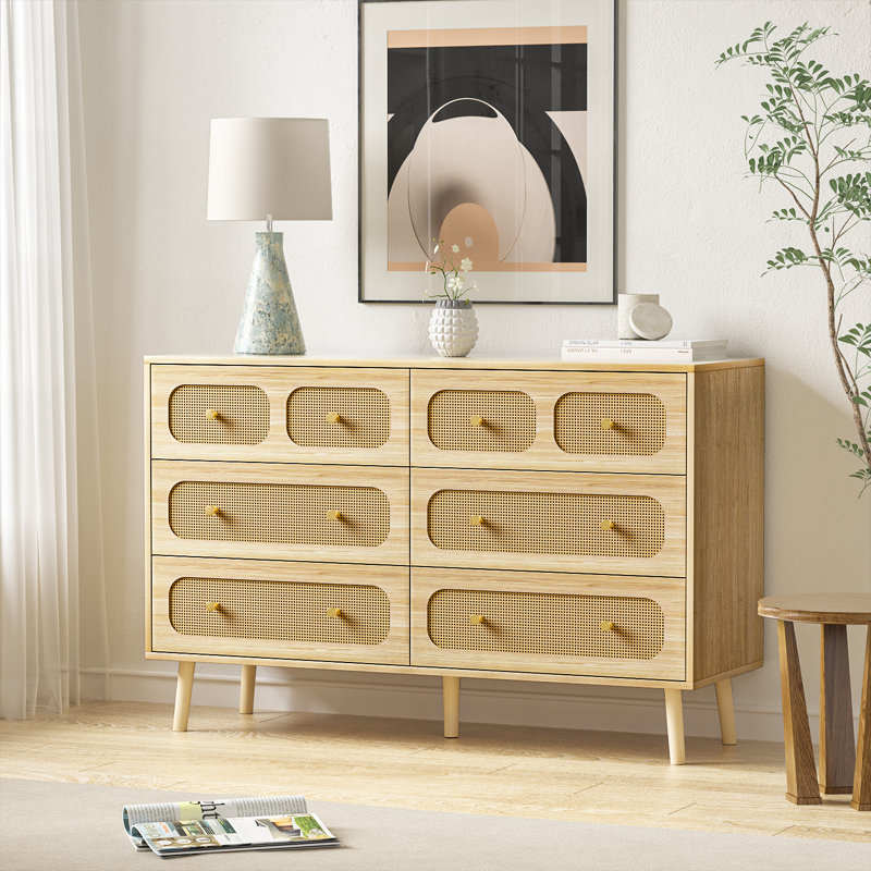 Commode à 6 tiroirs, commode pour chambre en rotin