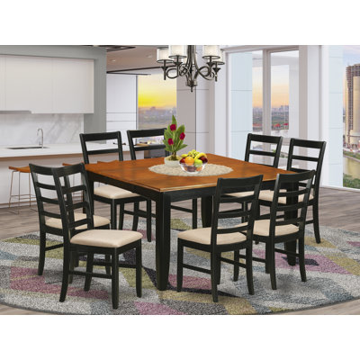 9 Piece Dining Set Includes a Square Dining Room Table with Butterfly Leaf and 8 Linen Fabric Kitchen Chairs, Black & Cherry