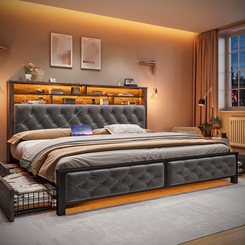  Upholstered Bed with Wood Frame, 4 Storage Drawers, Modern Bed Frame with Charging Station & LED Lights, Headboard Included,King/Gray