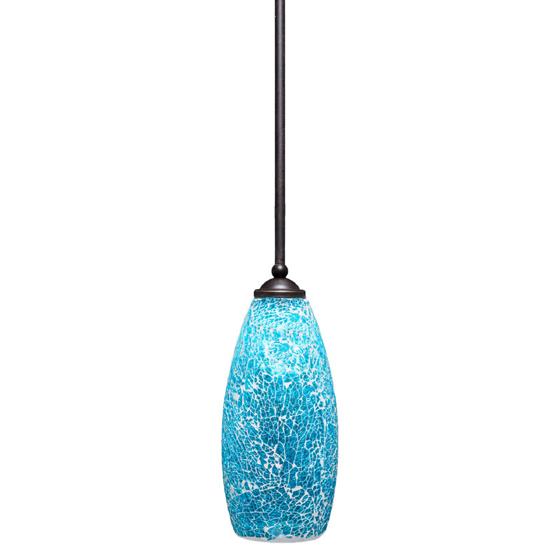 Zilo Stem Hung Mini Pendant Shown With Fusion Glass, Matte Black, 12.75" H x 5.5" W, Turquoise