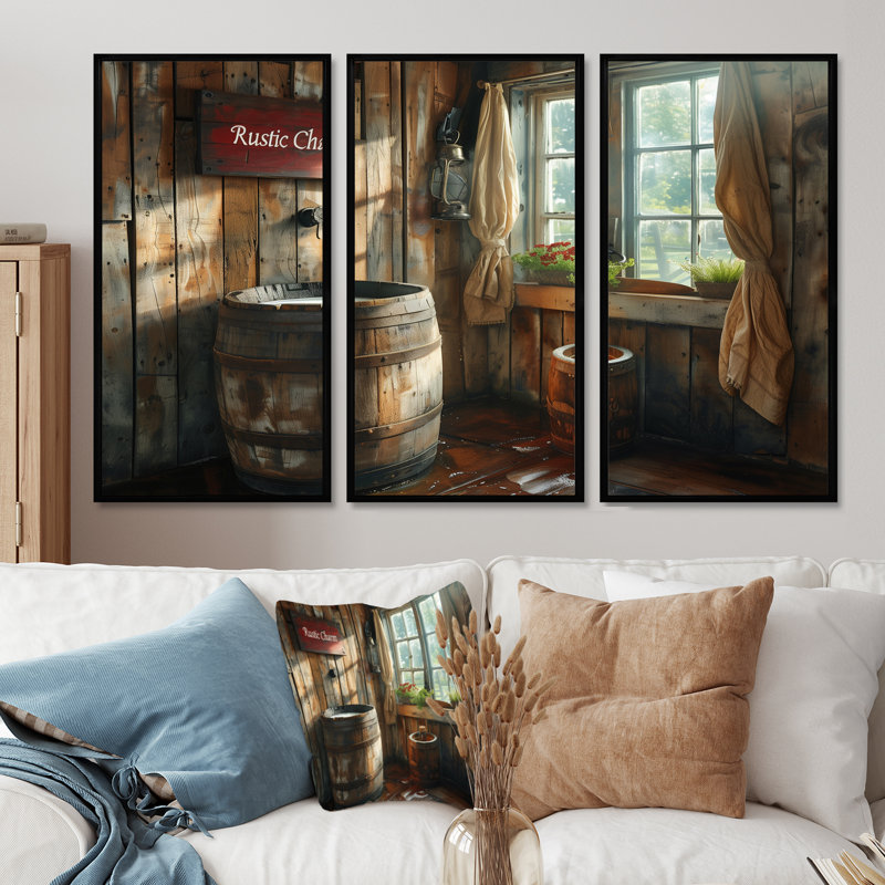- Ensemble de salon d'art mural rustique, H 28 po x l 36 po x P 1 po, Toile avec cadre flottant noir