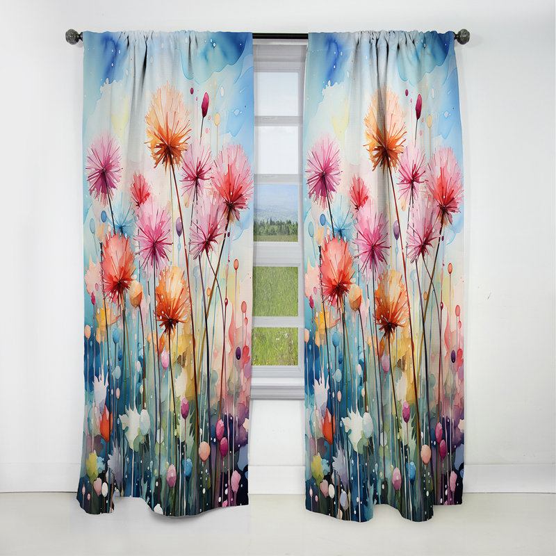 Représentation de pissenlit en acrylique multicolore I - rideau occultant floral pissenlit - 1 panneaux, L 52 po x L 84 po