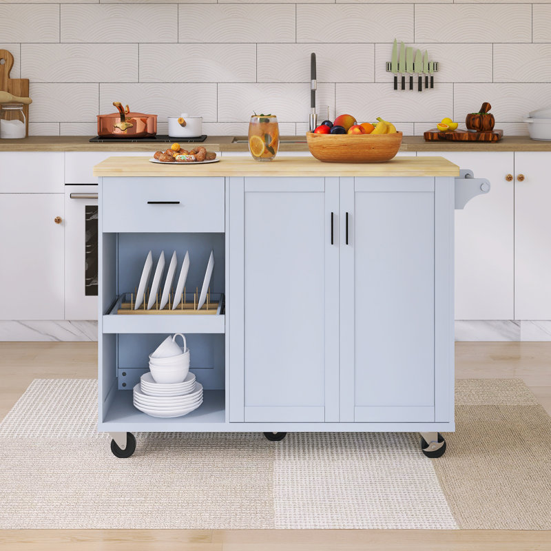 49" Drop-Leaf Countertop Kitchen Cart With Spice Rack & Towel Rack, Gray