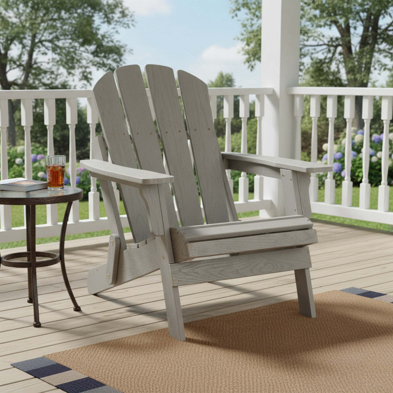 Oversize Embossed Wooden Outdoor Folding Adirondack Chair With Pre-Assembled Backrest & Seatboard, Grey