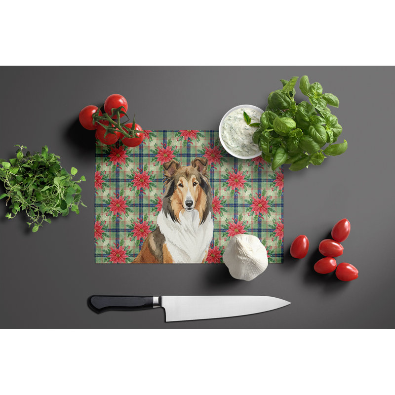 Planche à découper en verre Sable Collie Christmas PoinsettIas, Sable