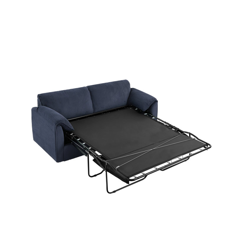 Lit escamotable 3 places en velours côtelé bleu, avec coussins d'assise moelleux