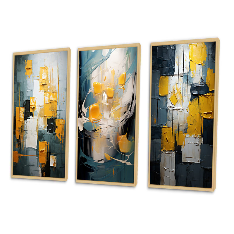 Sudden Happiness abstrait bleu sarcelle et jaune I - ensemble de 3 reproductions, Encadré naturel, H 32 po x l 48 po