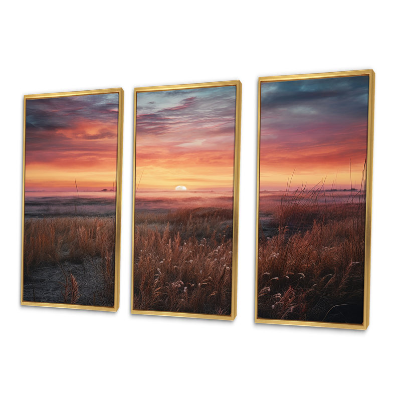 Tranquil Prairies At Sunrise I - ensemble d'art mural sur toile Prairies, Cadre flottant doré, H 28 po x l 36 po x P 1 po