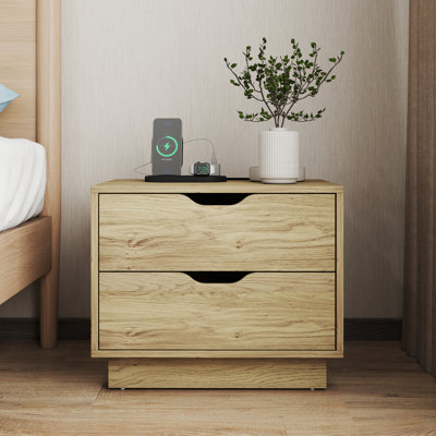 Modern 2 Drawer Nightstand With Charging Station And Cutout Handles