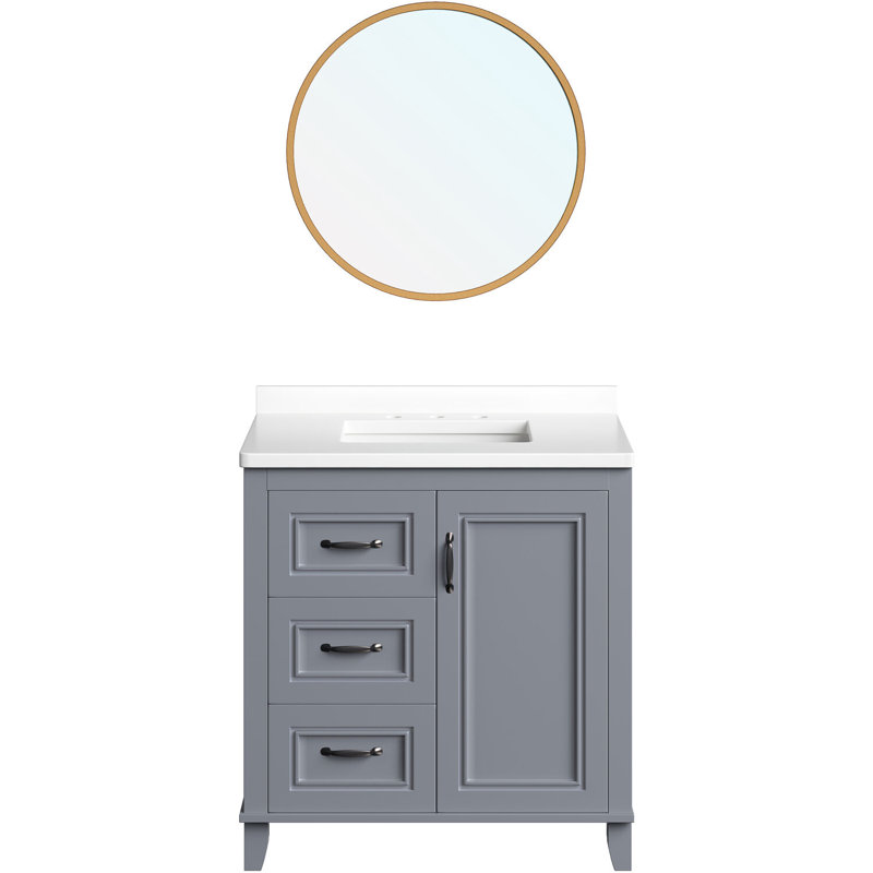 31" Black and Maple Engineered Stone Vanity Cabinet with Mirror
