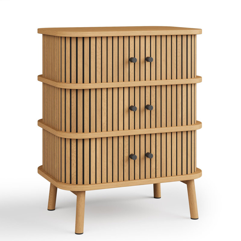 Fluted 3 Drawers Nightstand With Sliding Door