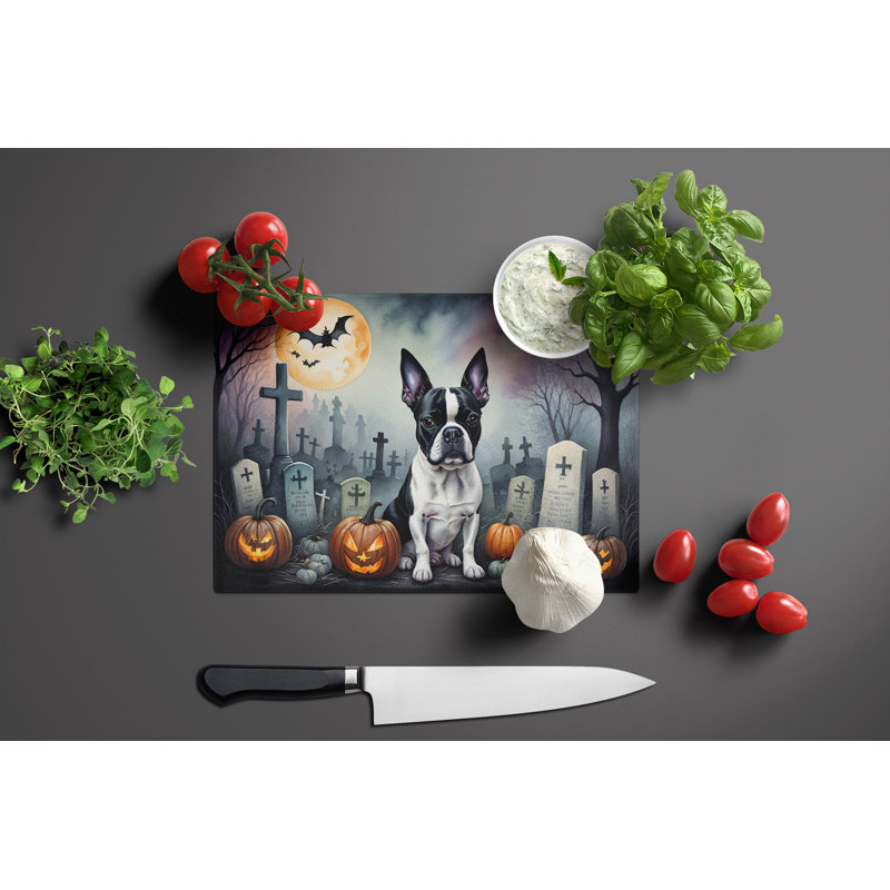 Boston Terrier Spooky Halloween Glass Cutting Board Large