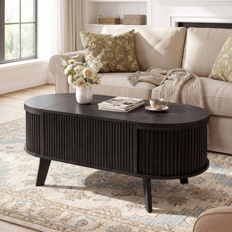 Lift Top Coffee Table with Storage, 40 Inch Modern Fluted Convertible Table with Hidden Compartments for Living Room, Black