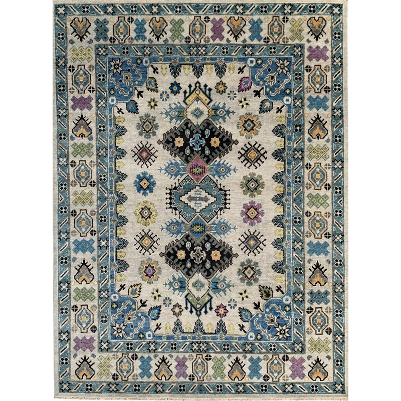 Ivory Hand-Knotted Wool Stacked Diamond Motif Classic Traditional Modern Contemporary Carpet Rug, 6' x 9'