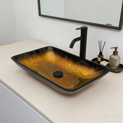 22-1/4"L Tempered Glass Bathroom Vessel Sink with Black Drain