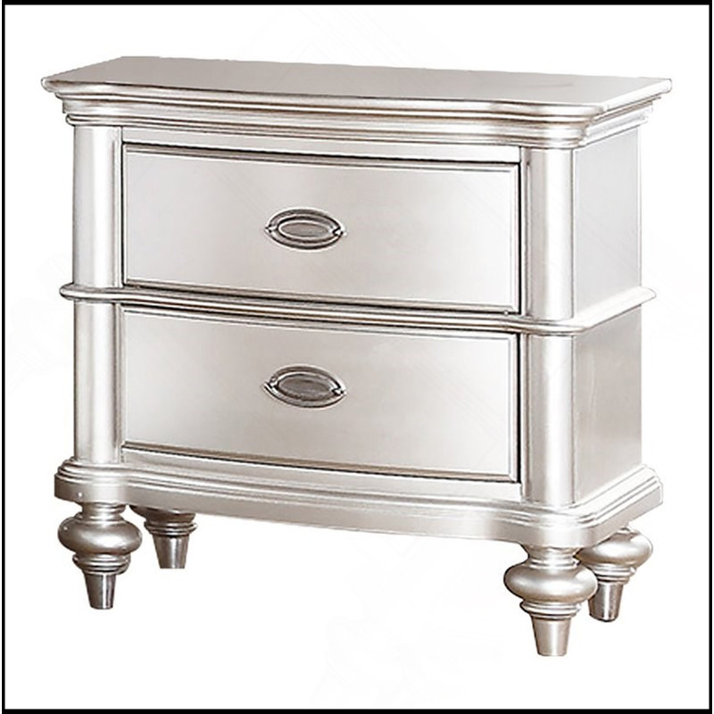 Classic Bedroom Elegant Nightstand Antique Silver 2-Drawers Bed Side Table