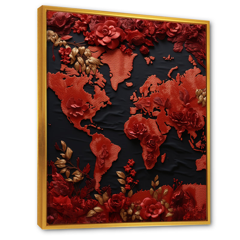 «Nomads Scarlet Red Map» sur toile, Cadre flottant doré, H 32 po x l 16 po x P 1 po