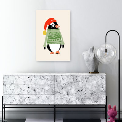 Jolly Christmas Penguin Contemporary Bird Penguin Winter Wall Art Print 1 Piece Wrapped Canvas Wall Art