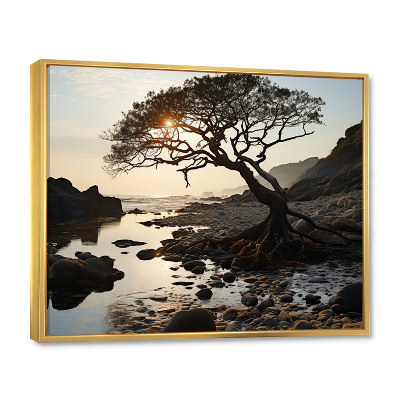 Plage côtière calme I - impression, Cadre flottant doré, H 12 po x l 20 po x P 1 po