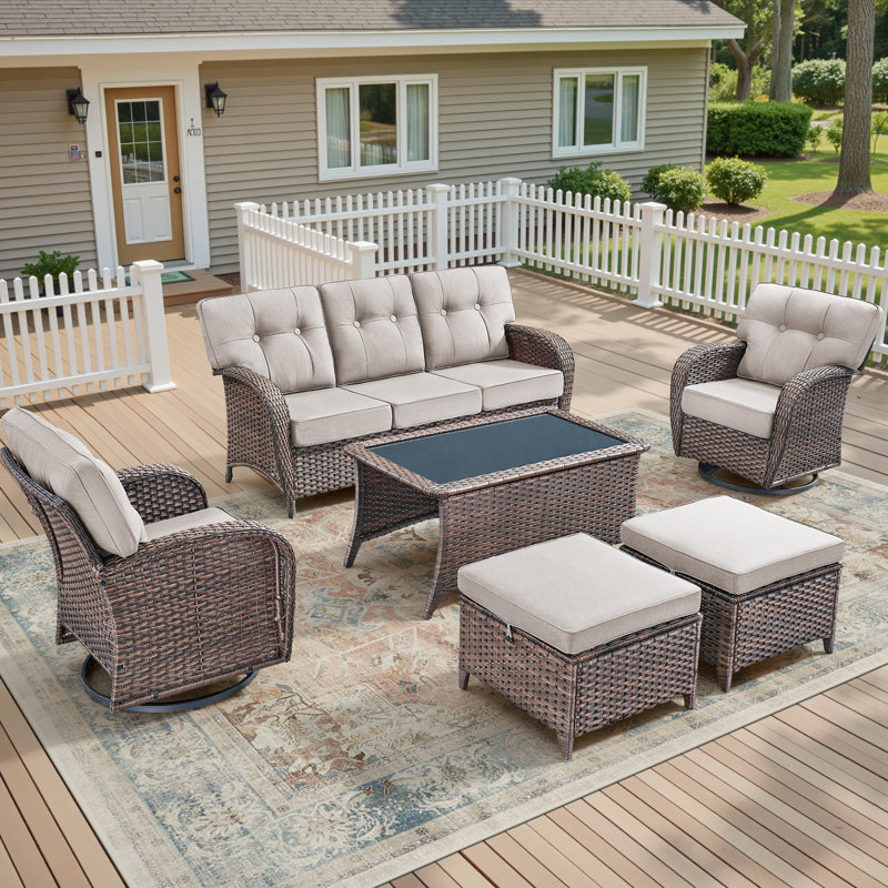 6-Piece Patio Furniture Set, All-Weather Outdoor Seating Set With Swivel Glider Chairs & Ottomans, Beige