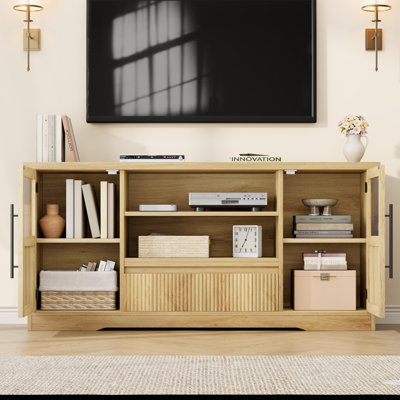 Meuble télé 72 pouces - Meuble audio-vidéo avec motif à vagues, 2 armoires à portes vitrées et rangement ouvert pour le salon