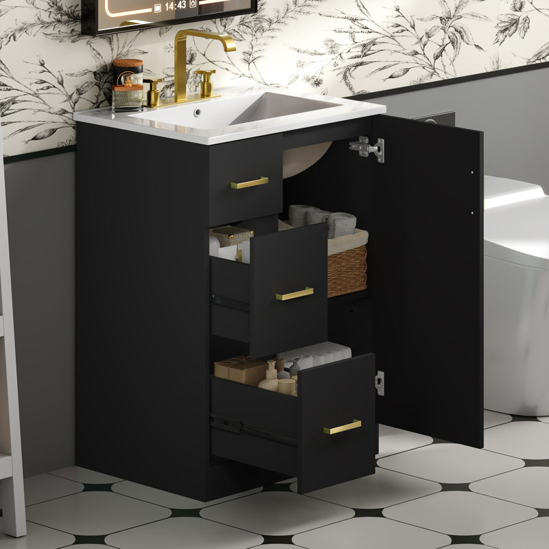  Meuble-lavabo 24 po avec lavabo encastré, armoire de rangement avec 2 compartiments coulissants et porte à fermeture en douceur, noir